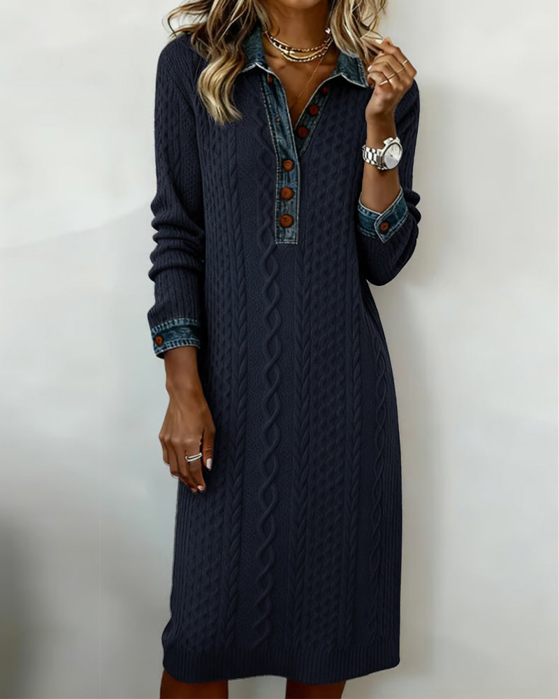 Denim cable knit patchwork collared dress