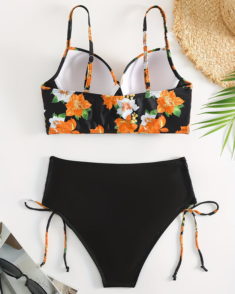 Color Block Floral Print Gathered Tie Bikini