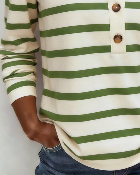 Round Neck Button Striped Top