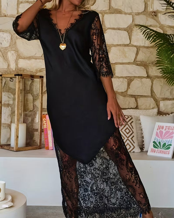 V-Neck Lace Paneled Elegant Dress