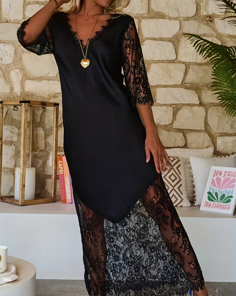 V-Neck Lace Paneled Elegant Dress