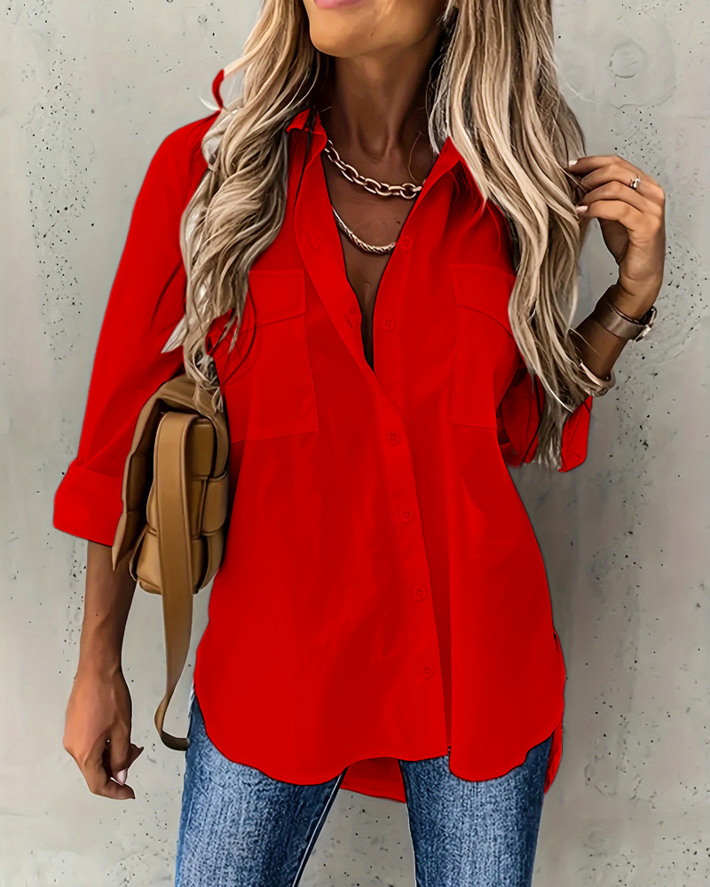 Pocket Long Sleeve Lapel Loose Fit Shirt
