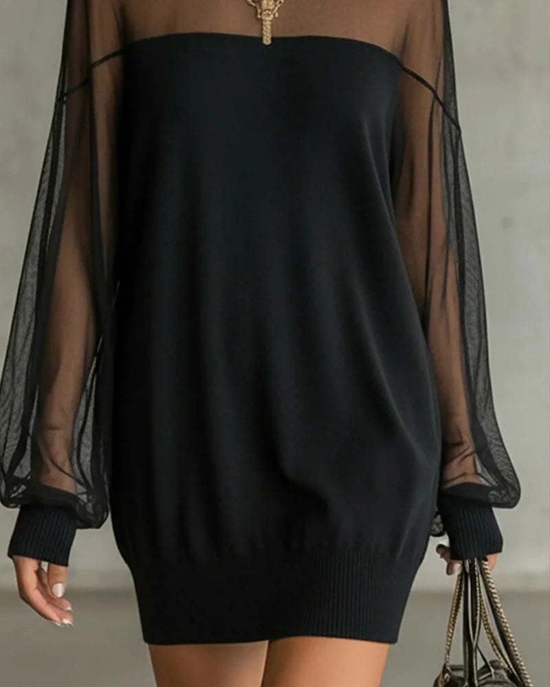 Lantern Sleeve Solid Color Patchwork Dress