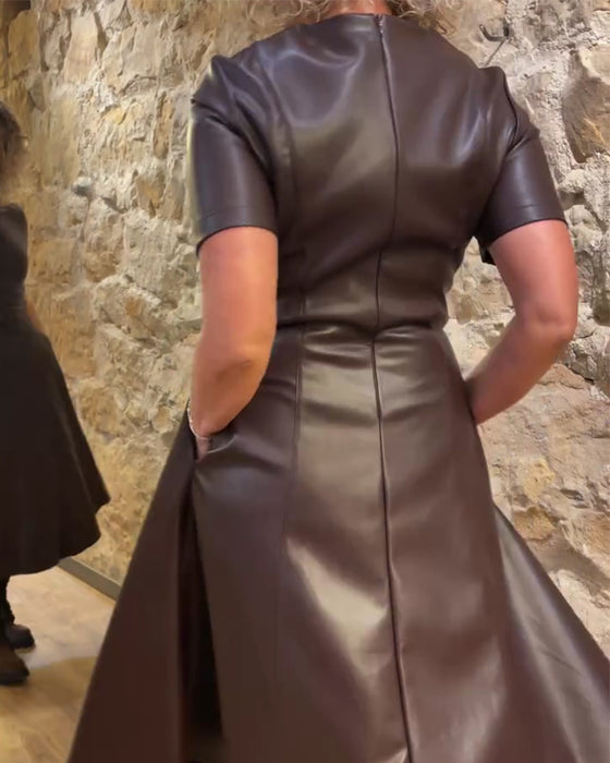 Pu Leather Waisted Short-Sleeved Dress