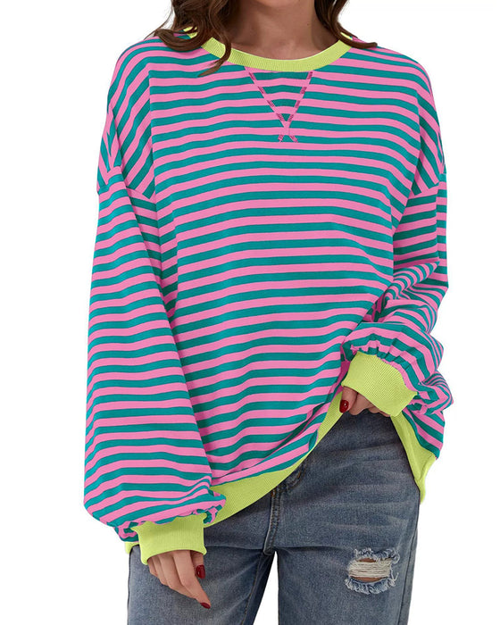 Striped Round Neck Color Block T-Shirt