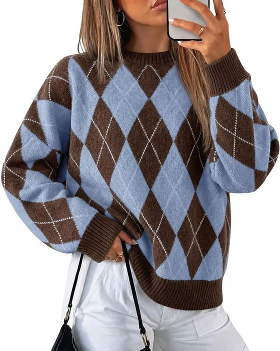Diamond Color Block Crew Neck Pullover