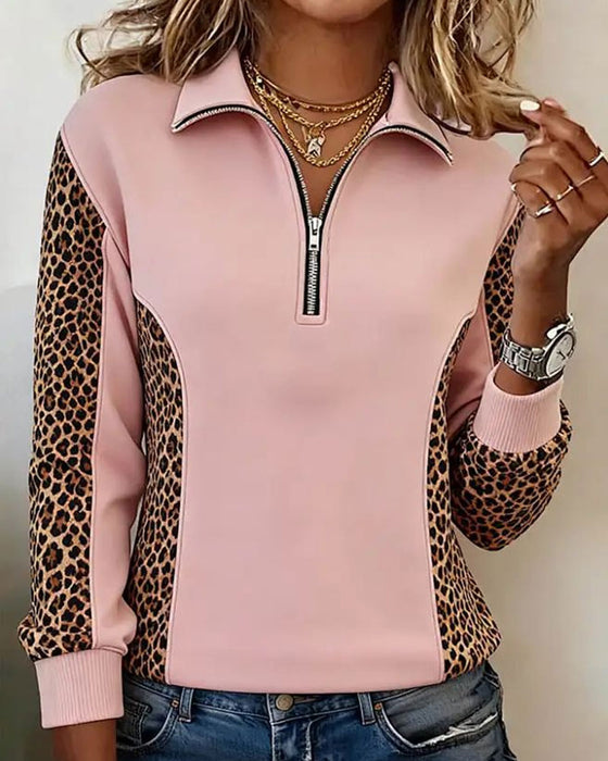 Leopard Print Half-Zip Lapel Sweatshirt
