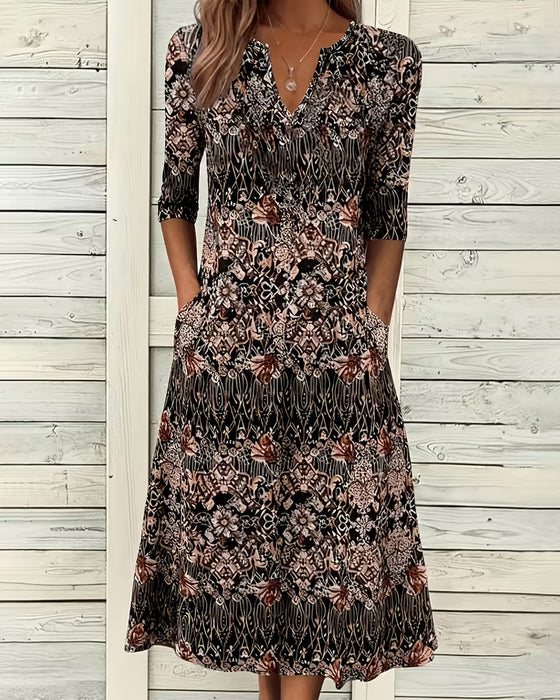 V‑neck Print Patchwork Mid‑sleeve Dress