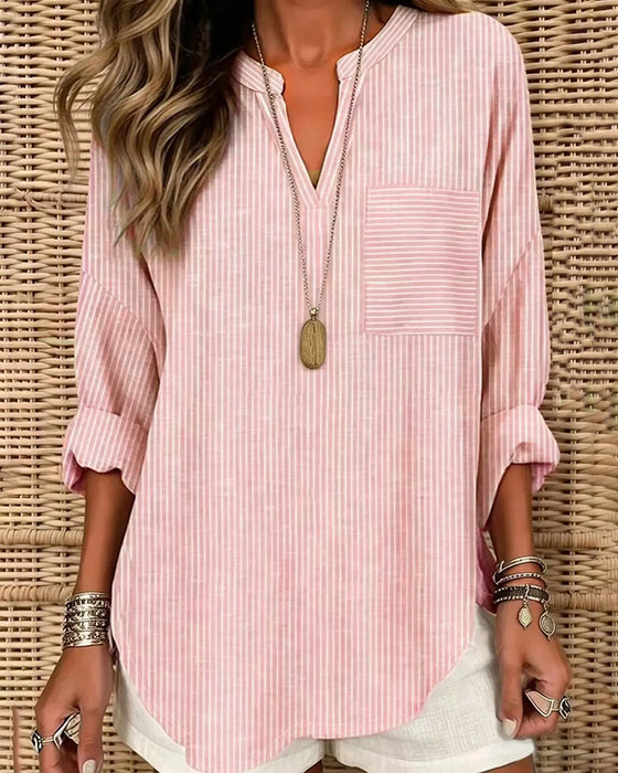 V-Neck Stripe Irregular Long Sleeve Top