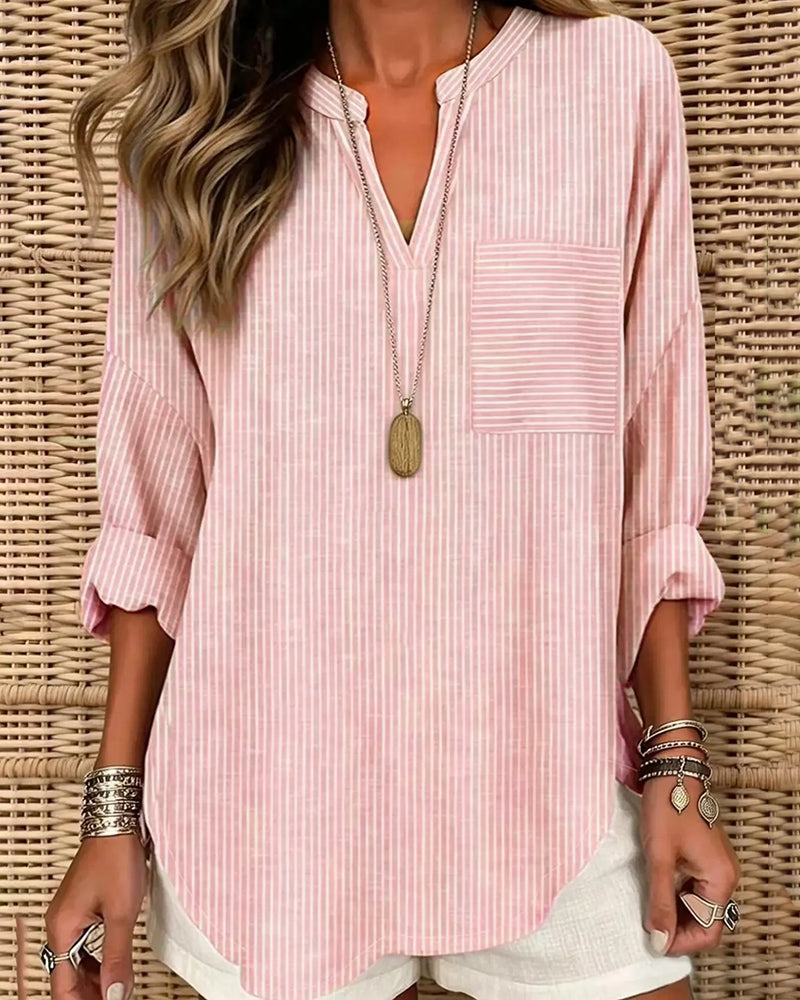 V-Neck Stripe Irregular Long Sleeve Top
