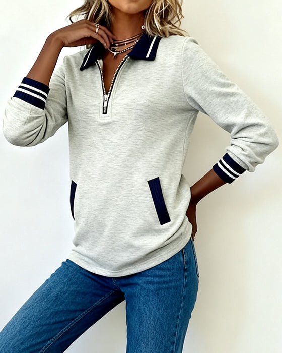 Lapel Zipper Contrast Color Loose Sweatshirt