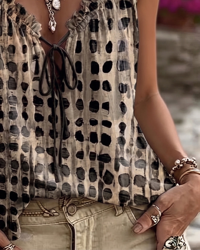 Polka Dot Print Ruffle Tank Tops