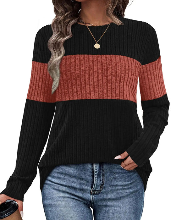 Round Neck Ribbed Contrasting Color Top