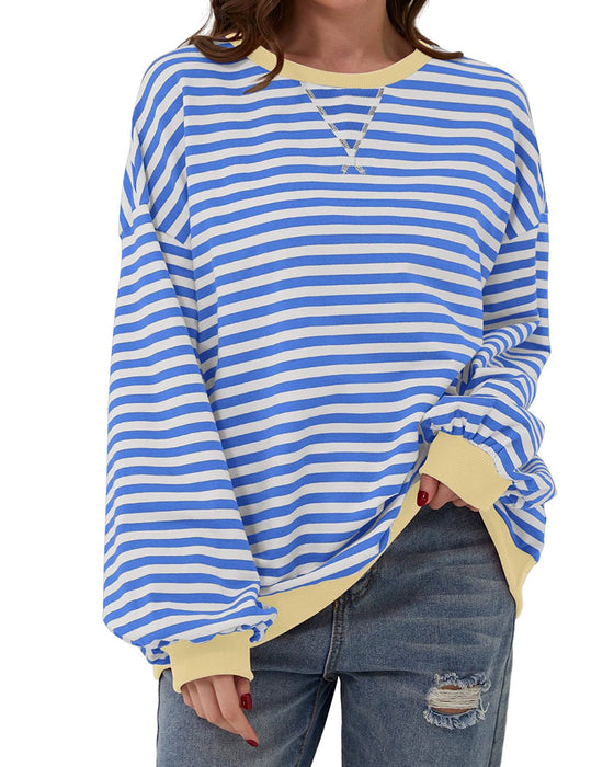 Striped Round Neck Color Block T-Shirt