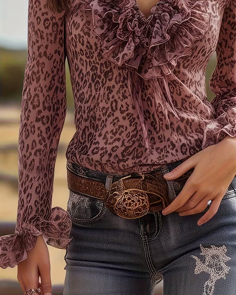 Ruffled V-Neck Leopard Print Blouse