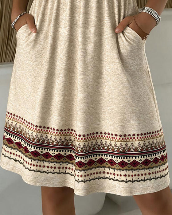 V-Neck Printed Long-Sleeved A-Hem Dress