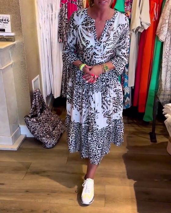 Leopard print 3/4 sleeve casual dress