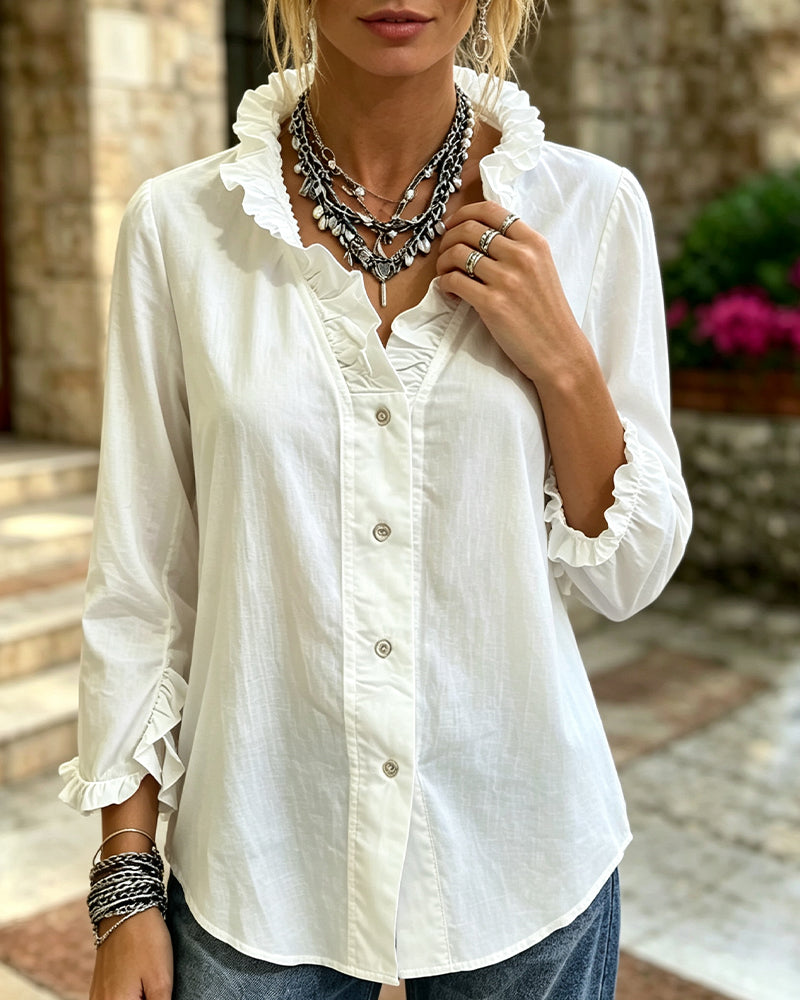 Ruffle Trim Button Solid Long Sleeve Blouse