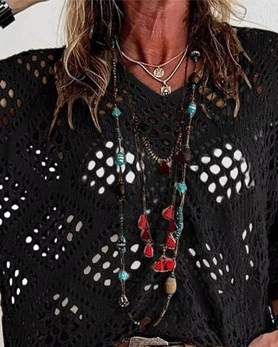 Diamond-Patterned Openwork Loose Top