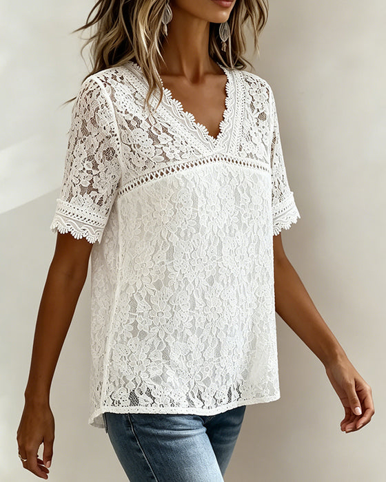 Solid Color Short Sleeve Lace Blouse