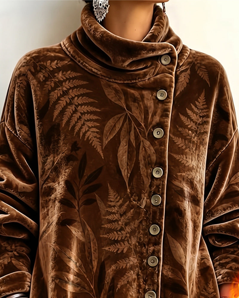 Turtleneck Button Leaf Print Top