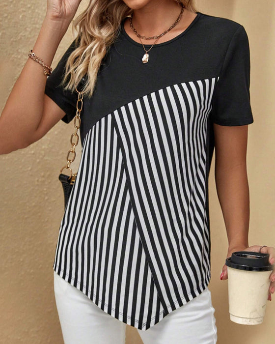 Round neck color-block striped blouse