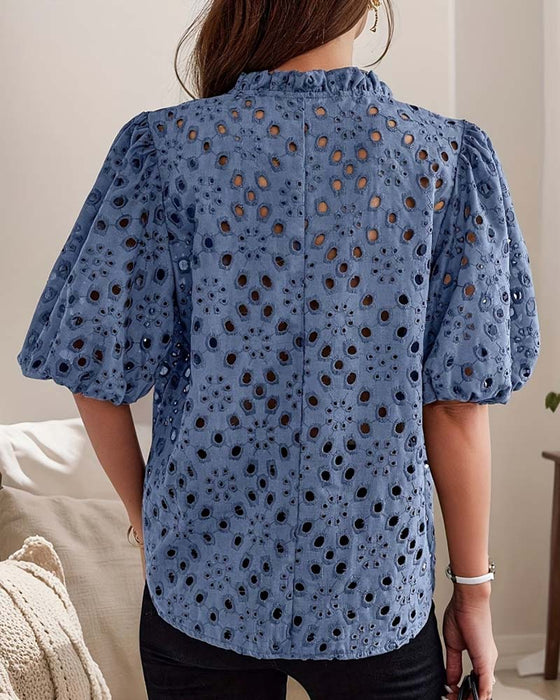 Hollow Out Bubble Sleeve Blouse