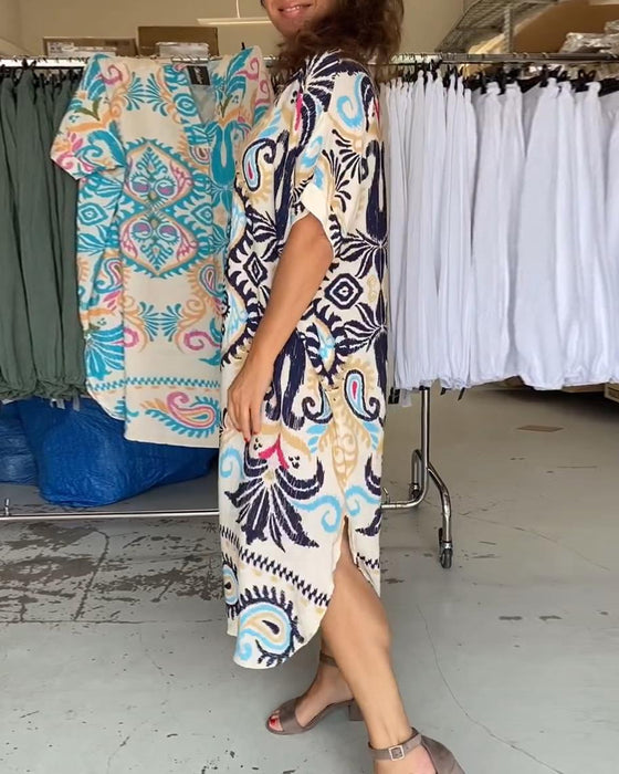 V-neck half-sleeved bohemian loose dress