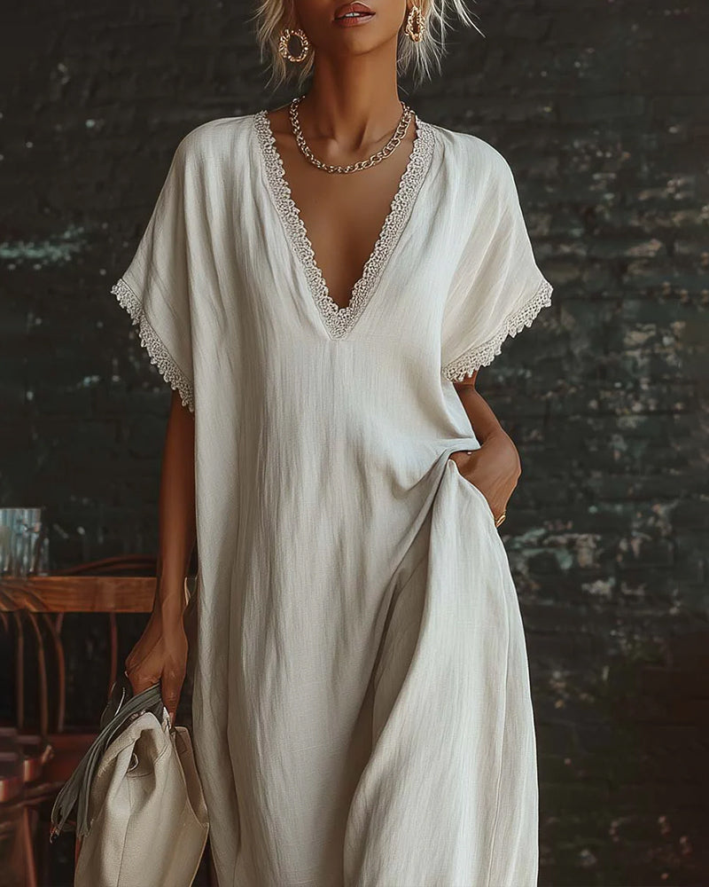 Solid Color V-Neck Fashion Long Dress