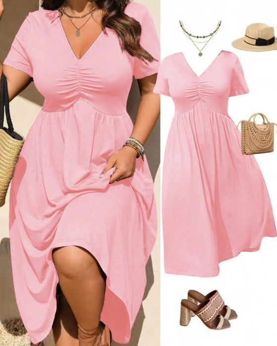 V-Neck Shirred Short Sleeve Flared Dress