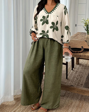 Floral Print V-Neck Top Wide-Leg Pants Set