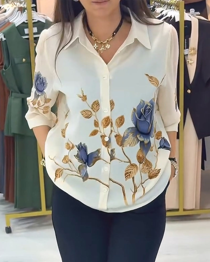Lapel Puff Sleeve Button-Down Blouse