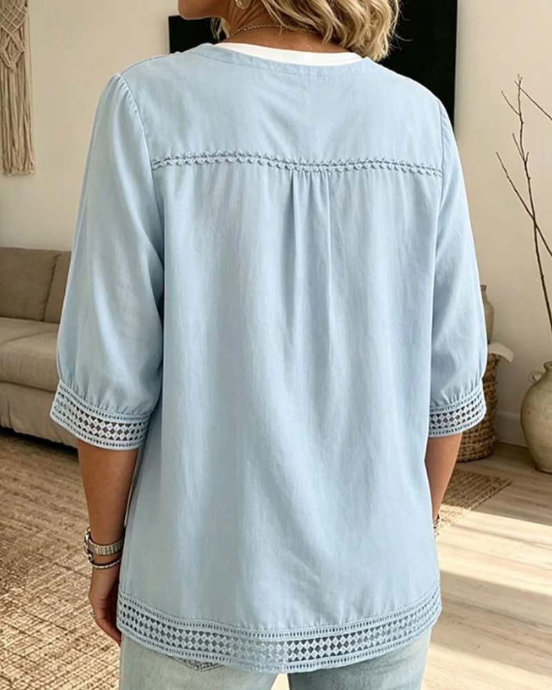 V-neck Button Lace Hollow-out Solid Color Blouse