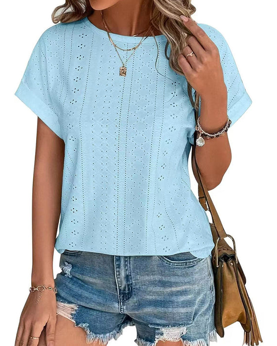 Solid Color Crew Neck Loose Short-Sleeve Blouses