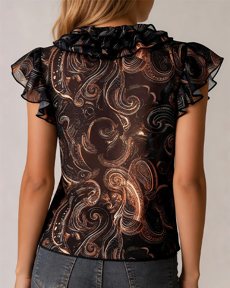 V-Neck Ruffle Flutter Sleeve Print Blouse