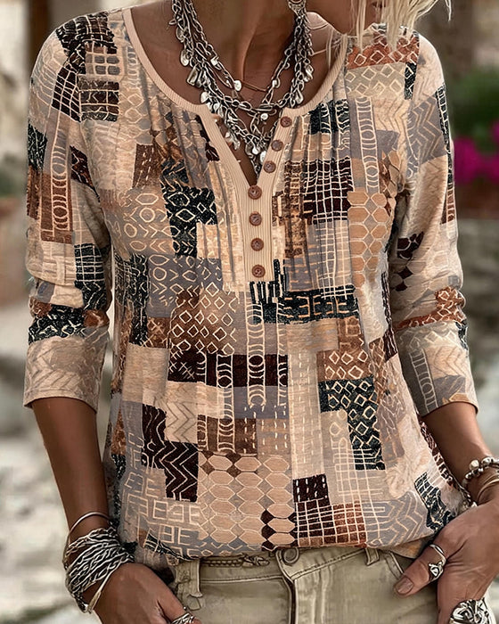 Geometric Patchwork Print Henley T-Shirt