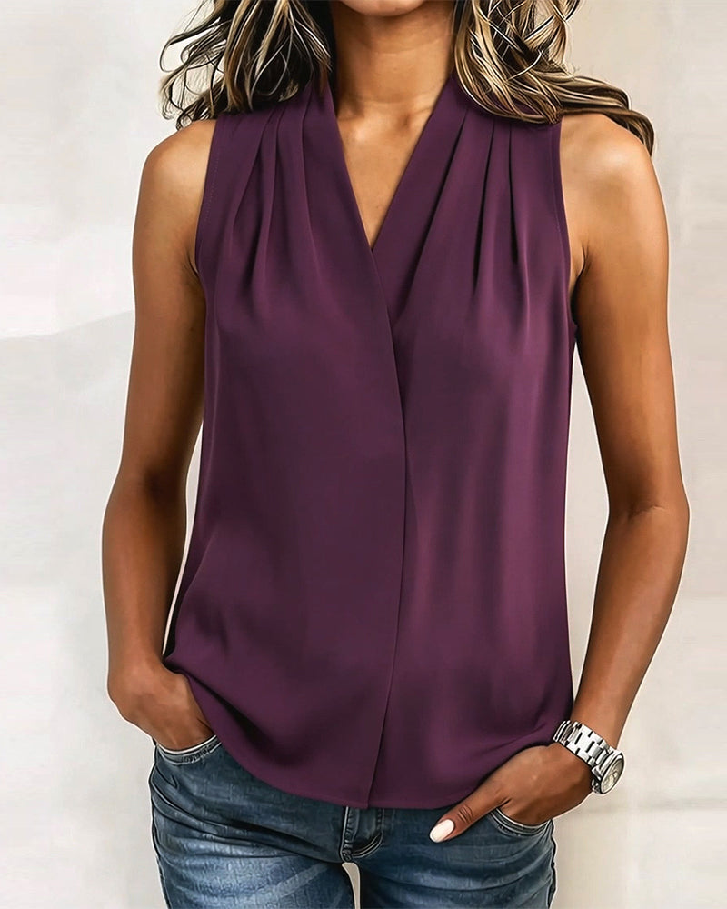 V Neck Pleated Solid Color Tank Top