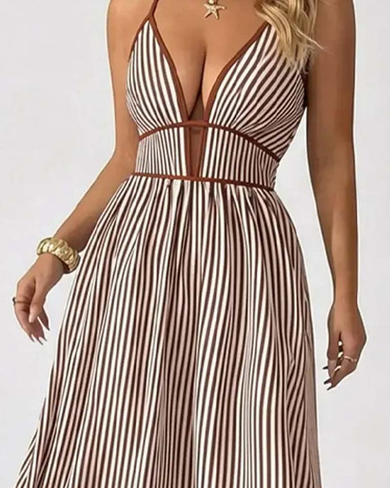 Deep V-Neck Spaghetti Strap Stripe Long Dresses