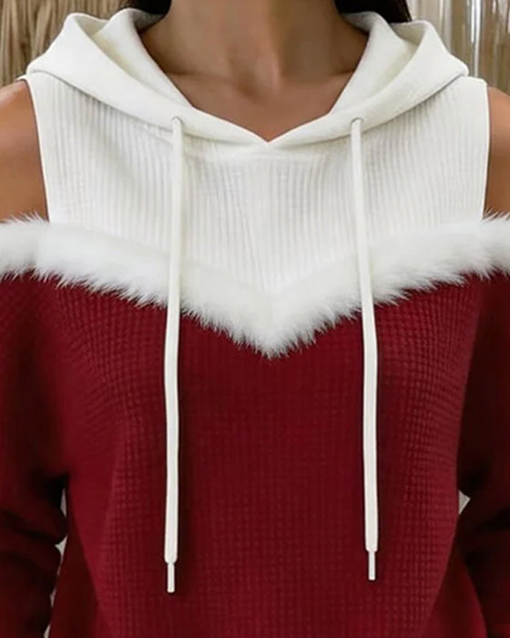 Off-the-Shoulder Faux Fur Trim Hoodie