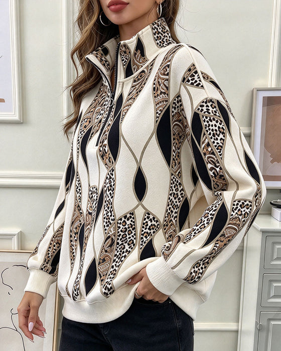 Geometric Paisley Half Zip Stand Collar Sweatshirt