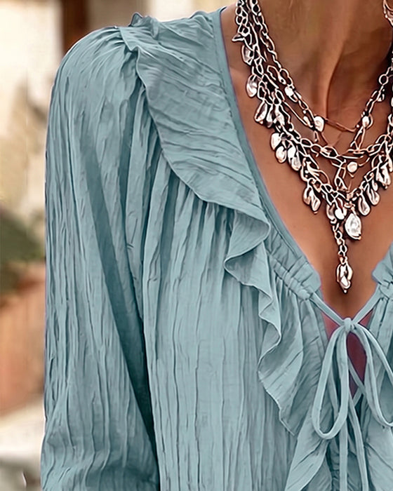 Ruffle Trim Lace-Up Long Sleeve Blouse