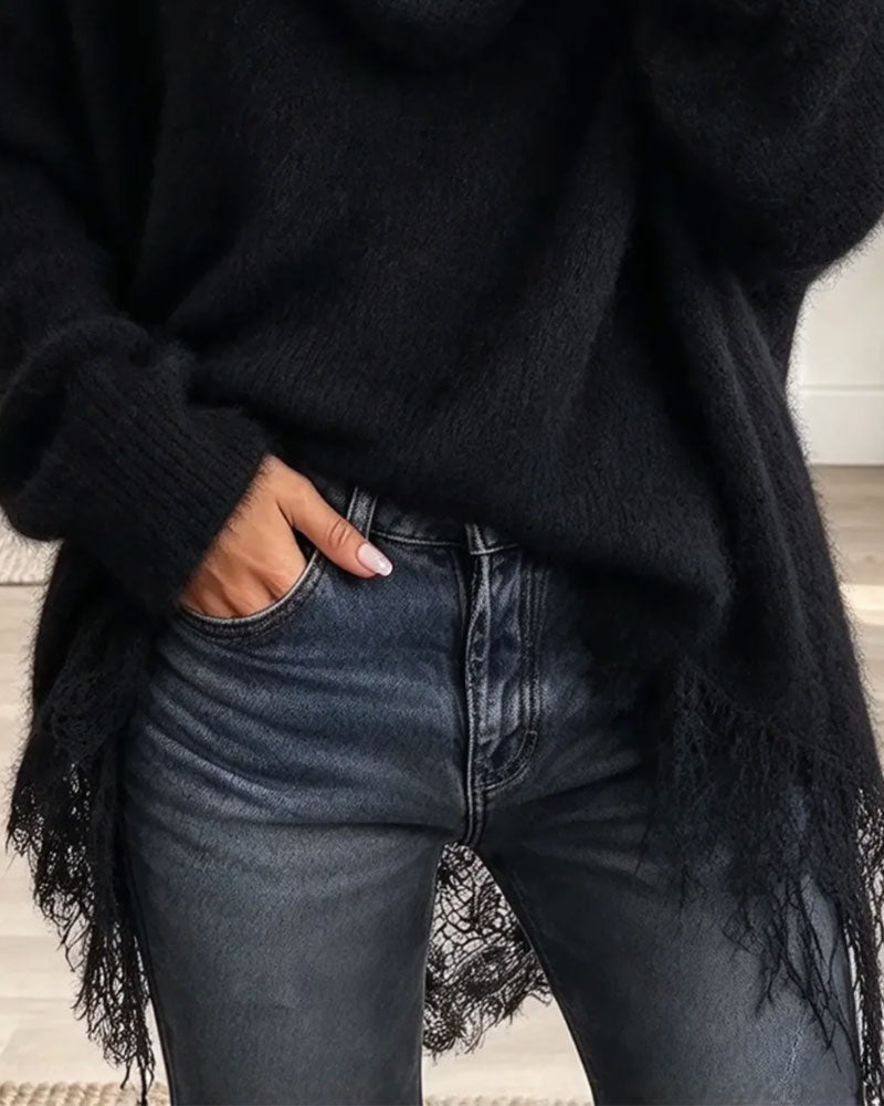 Draped Collar Fringed Plush Loose Pullover