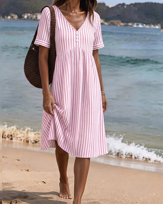 Vertical Stripe Babydoll V Neck A Line Dress