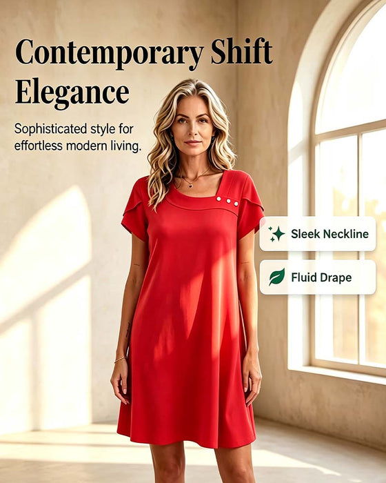 Asymmetric Neck Button Short-Sleeve Solid Dress