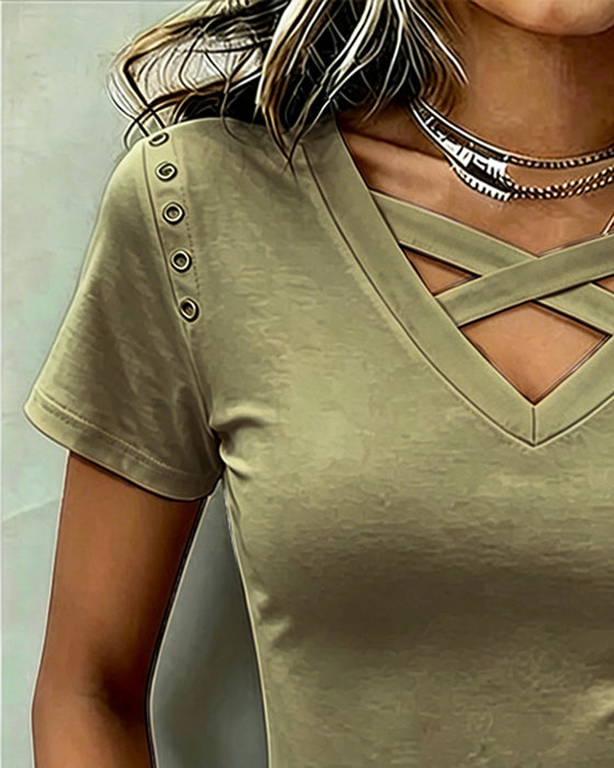 Cross Strap Hollow Out Slim Fit T-Shirt