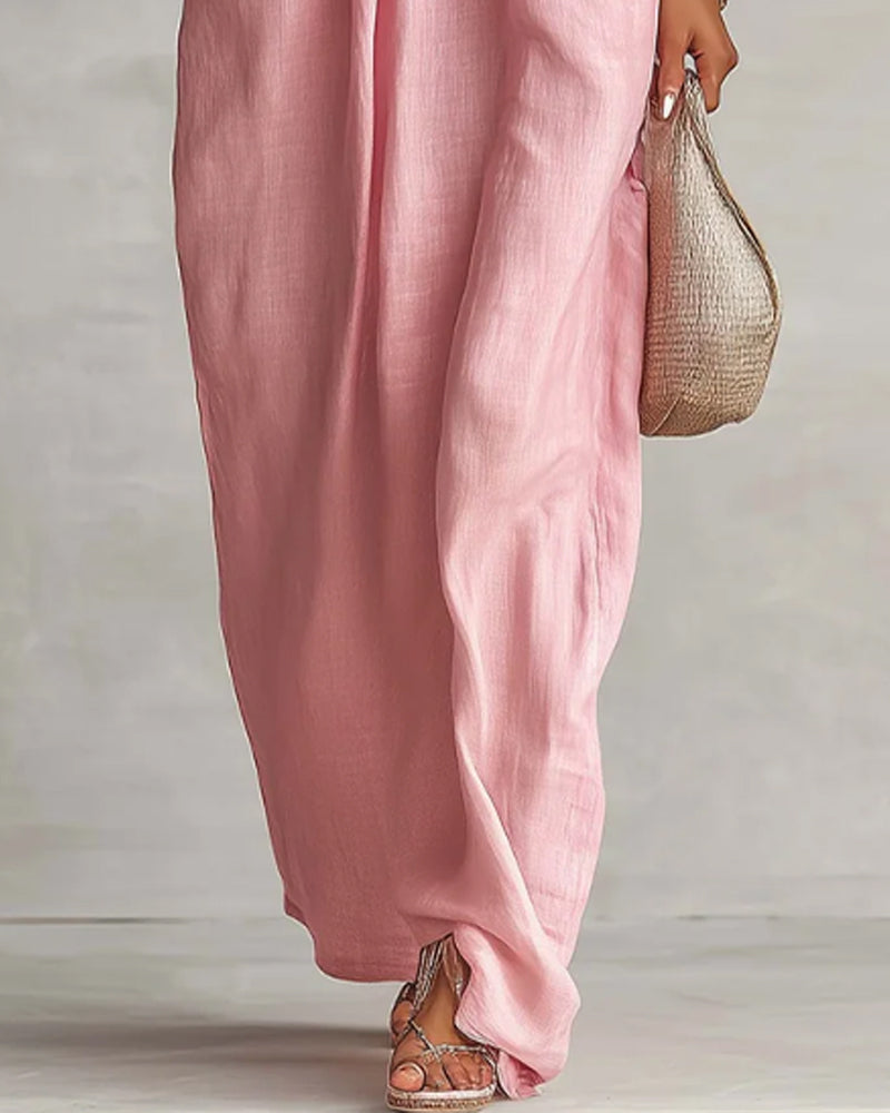 V-Neck Ruched Striped Loose Dress