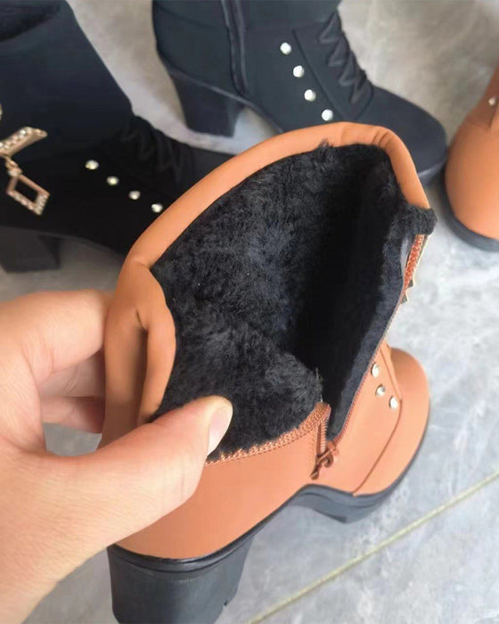 Women's Chunky Heeled Ankle Boots with Rhinestone Decor