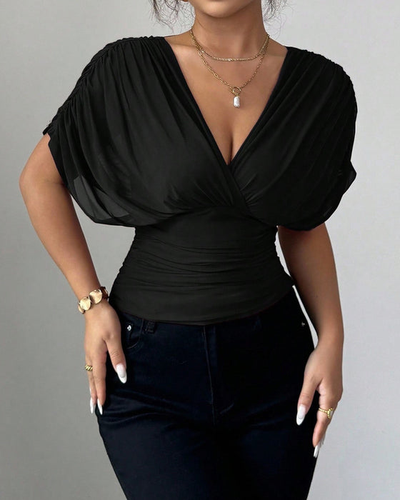 Solid Color Deep V-Nee Waist Short Sleeve Blouse