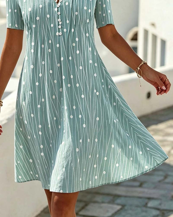 V-Neck Button Polka-Dot Striped Dress
