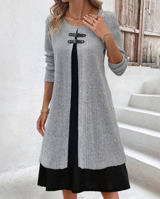 Patchwork rib long sleeve dress